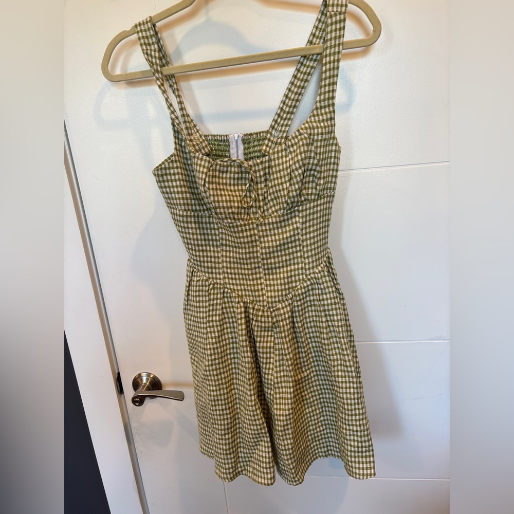 Reformation Green Ruched A-Line Sundress